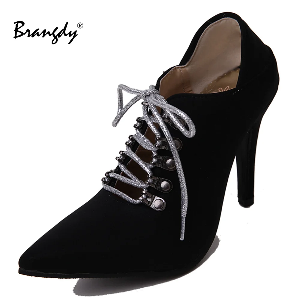 

Brangdy Morden Women Thin Heel Pumps Soft PU Pointed Toe Women Shoes Sexy Meatl Decoration Women Heels T-Strap Lace Up Classical