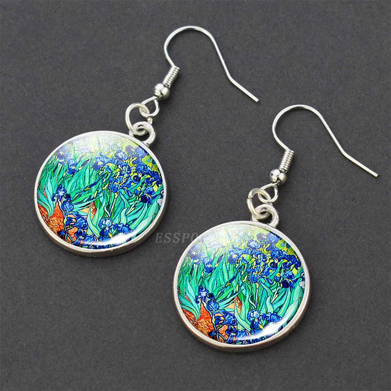 Van Gogh Oil Painting Stainless Steel Drop Earrings Glass Cabochon Dangle Hook Earrings Silver Color Women Jewelry Wholesale