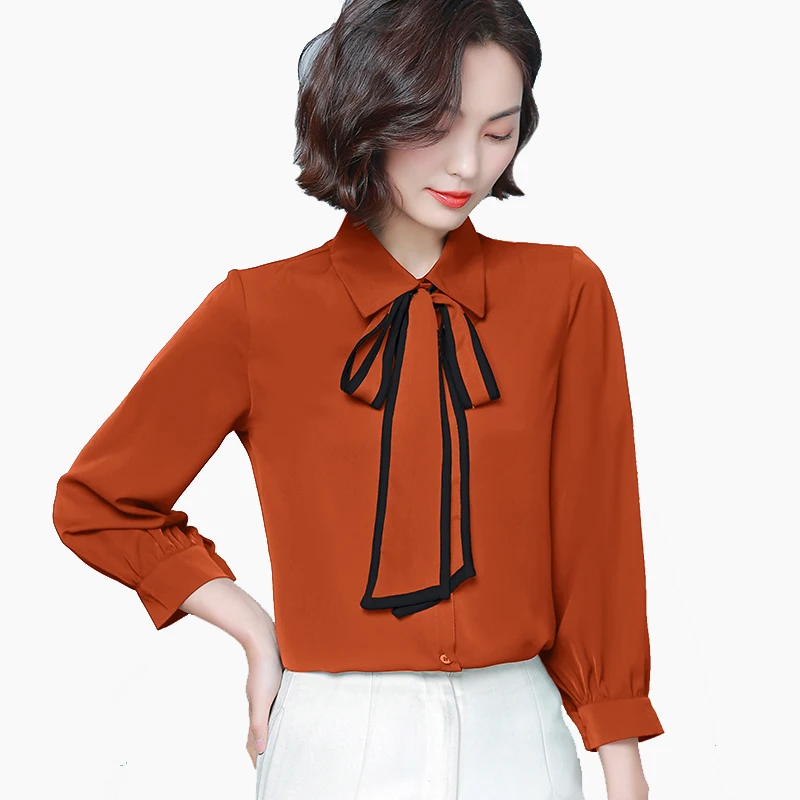 2020 Woman Spring & Autumn Office Lady Solid Color Hollow Out  Artificial Silk Blouse