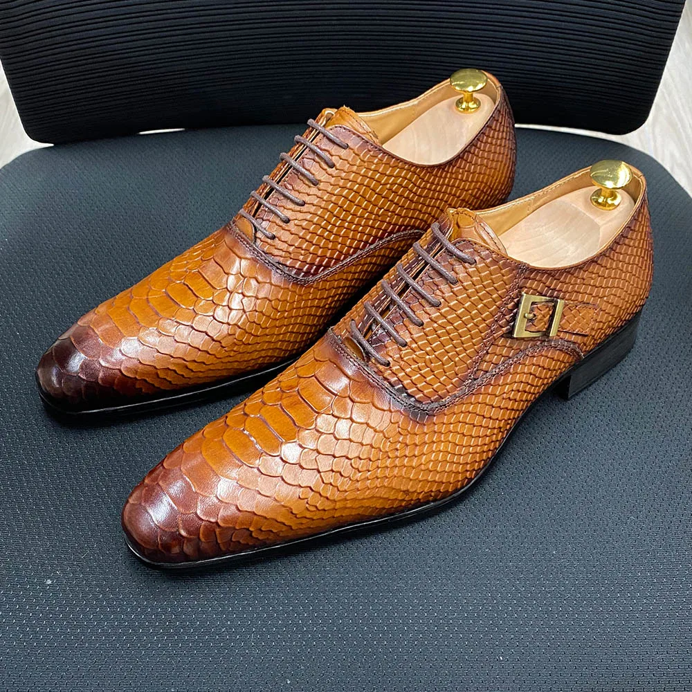 Men Genuine Leather Oxford Shoes Brown Black Business Dress Suit Shoes Men High Quality Snake Print Lace Up Wedding Mens Shoes