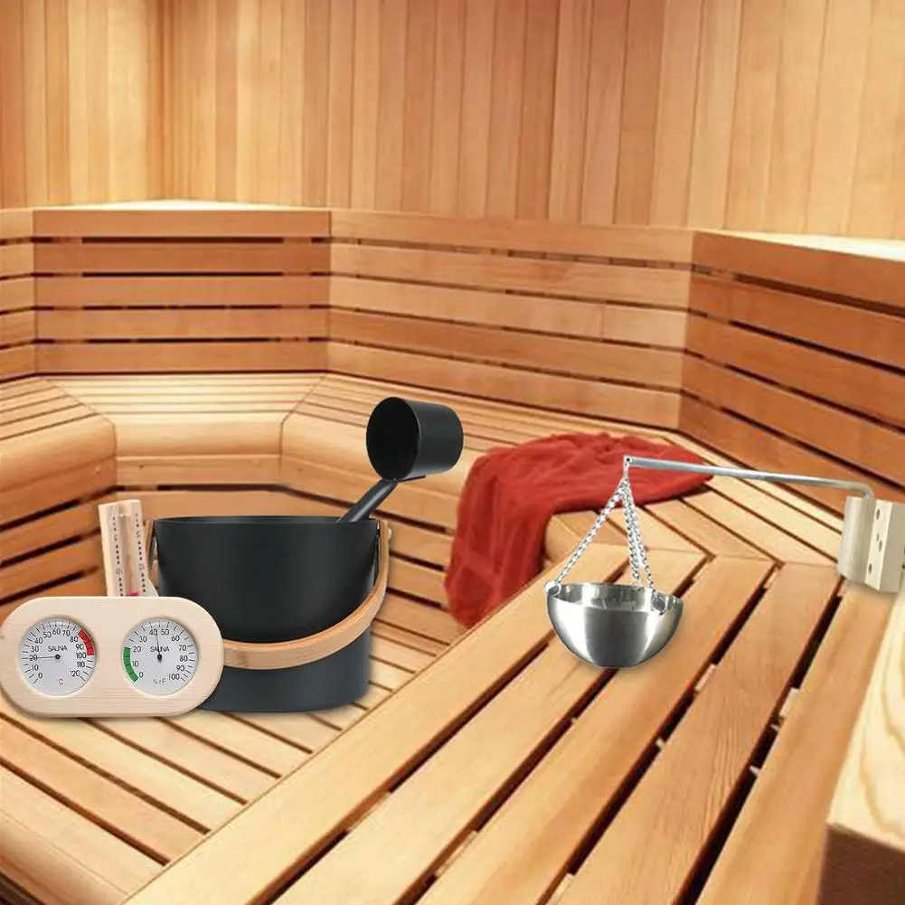 7L Luxury Finnish Sauna Aluminum Bucket With Long Handle Spoon Thermometer Humidometer Barrel Set Sauna Accessories