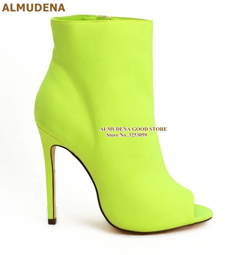 ALMUDENA Purple Neon Yellow Ankle Boots Stiletto Heel Stretch Lycra Fabric Open Toe Short Boots Zipper Gladiator Motorcycle Boot