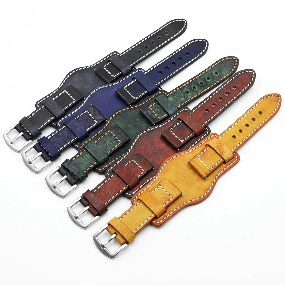 Leather Bund Strap Men\'s Watch Band 20mm 22mm 24mm Cowhide Cuff Watch Bracelet Yellow Blue Black Green Red Color Watch Strap