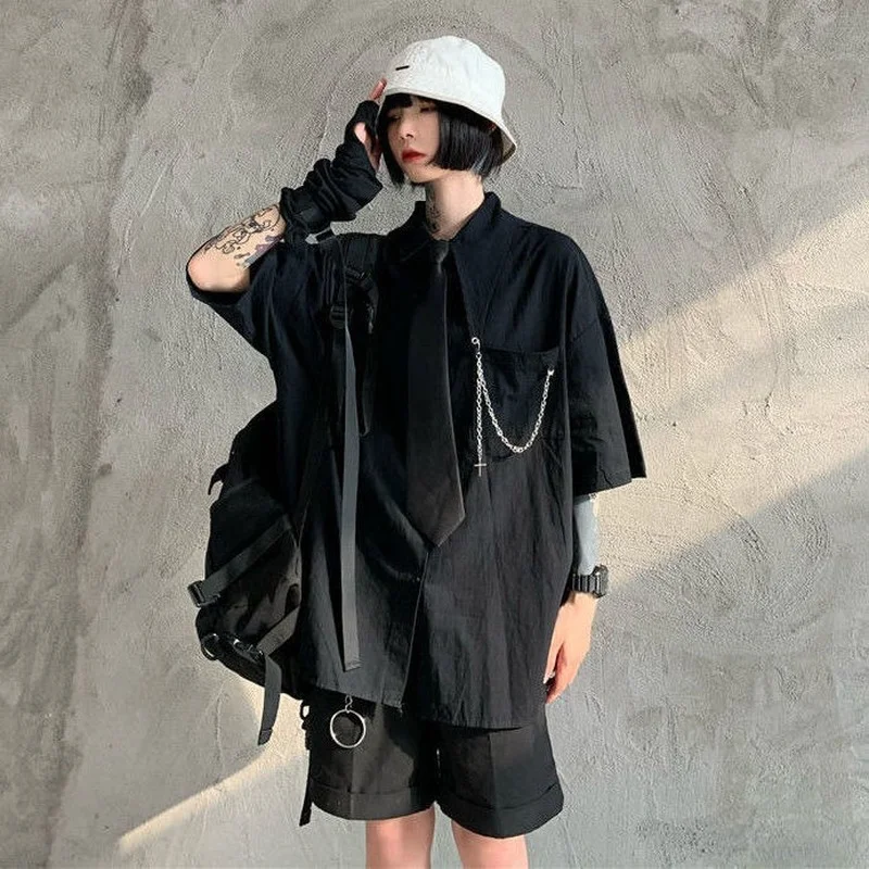 

Рубашки для женщин топы с коротким рукавом летняя Корейская Ретро винтажная черная рубашка Свободная Женская куртка бойфренда женская одежда белая