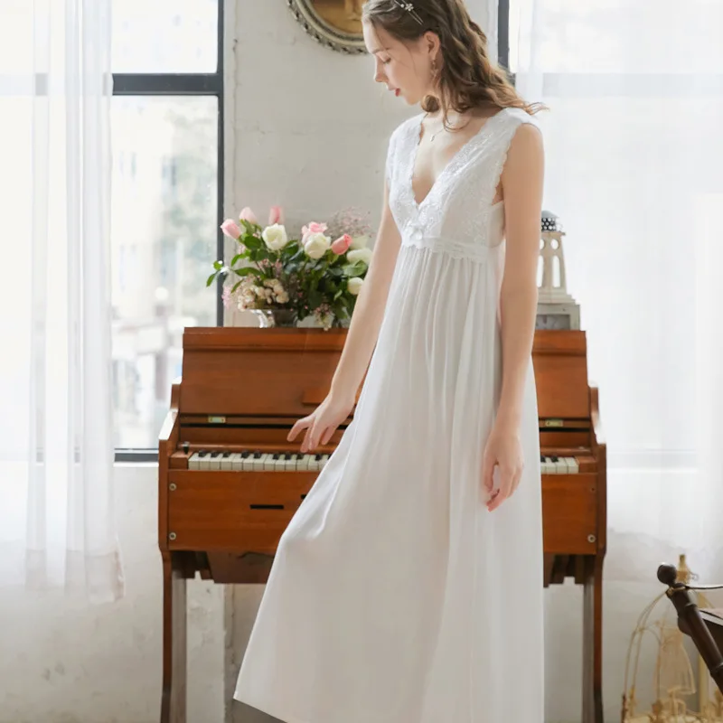 Romantic Nightgowns Women Cotton Night Dress Sleeveless Fairy Long Robe Vintage Sexy Lace Princess Sleepwear Peignoir Room Wear