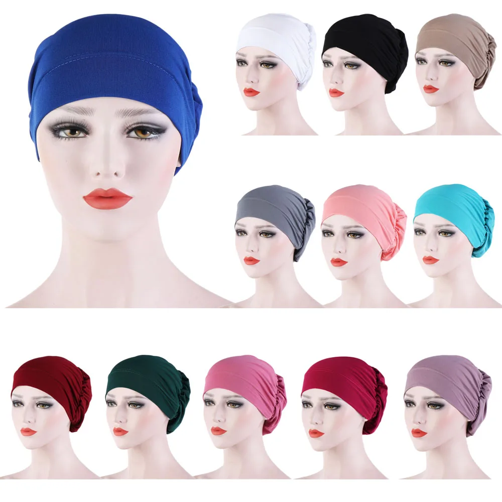 

Women Elastic Soft Jersey Hijabs Solid Color Easy Cap Muslim Fashion Underscarf Chemo Hats Turban Headband Accessories for Hair