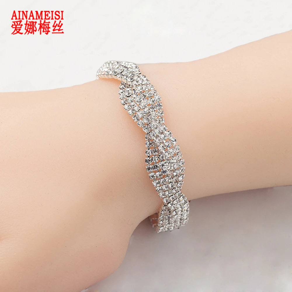 AINAMEI Fashion Wedding Bracelets & Bangles full Rhinestone Chain Bracelets For Women Bridal Jewelry Girls Accessories