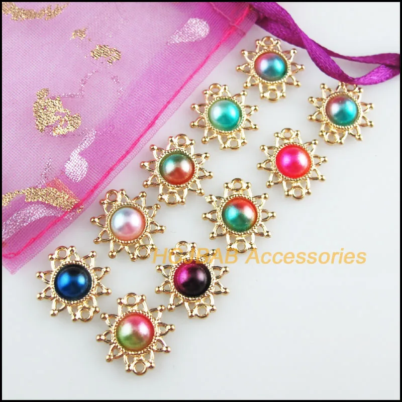 20Pcs Gold Color Retro Sun Flower Mixed Colored Acrylic Charms Connectors 14x14.5mm