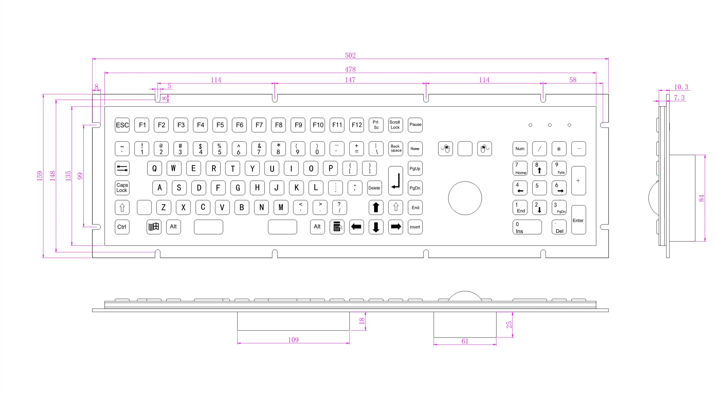 Full Size 106 Keys Industrial Metal Stainless Steel Keyboard With Trackball Mouse FN Function and Numeric Keypad