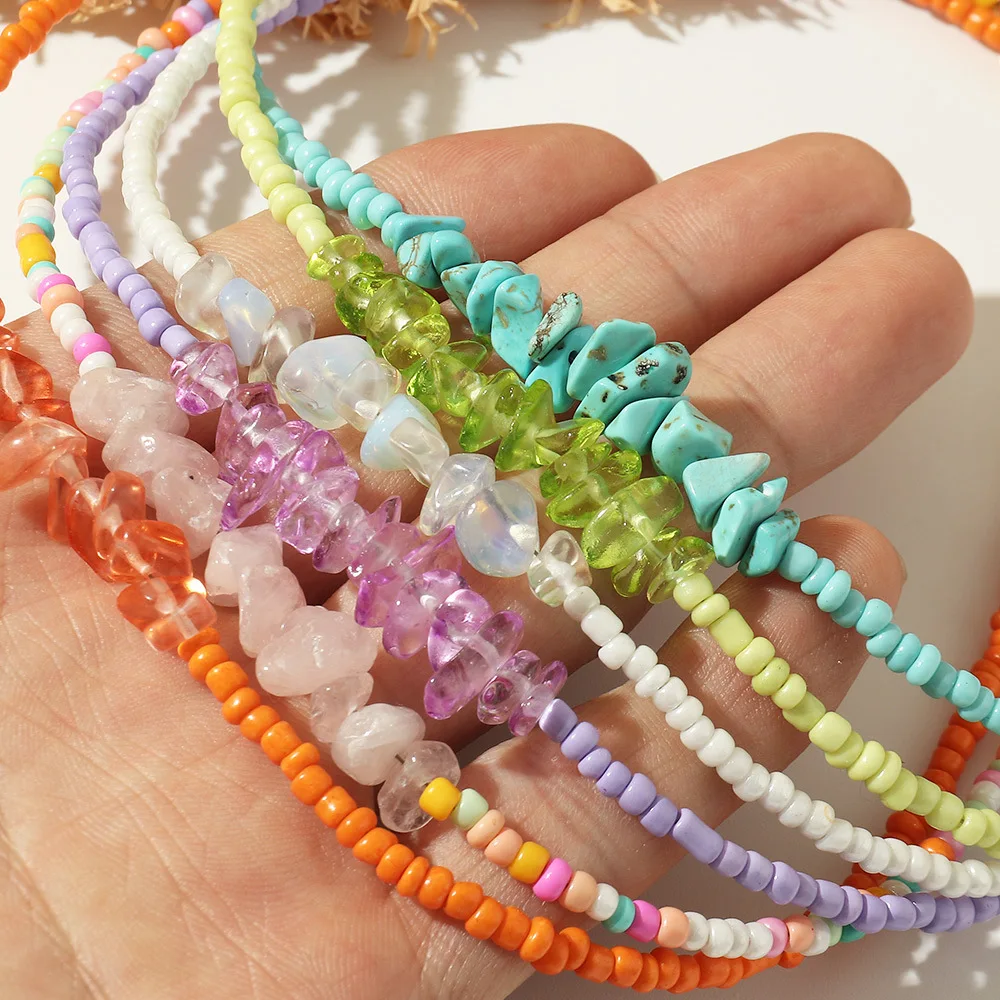 Summer Bohemia Style Natrual Crystal Stone Pendants Multi-color Seed Beads Necklace Choker for Woman Party Holiday Jewelry Gift