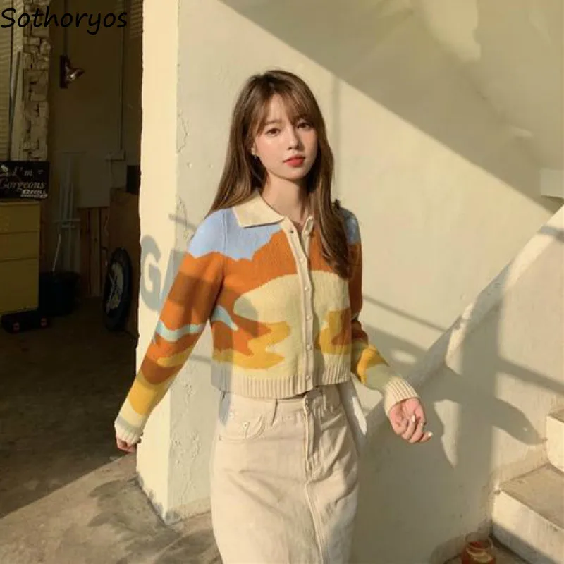 

Cardigan Women Patchwork Stylish Retro Contrast Chic All-match Slim Womens Street Wear Thin Comfortable Elegant Simple Casual