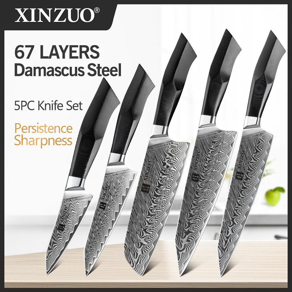 XINZUO 5PCS Knife Cutter Set Japanese Style VG10 Damascus Steel Kitchen Chef Sharp Cleaver Slicer Steak Gyuto Knife Cooking Tool