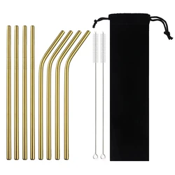 18/10 Stainless Steel Reusable Straws Gold Drinking Straw Set Mteal Straw Coffee Party Bar Straw With Cleaner Brush Portable Bag
