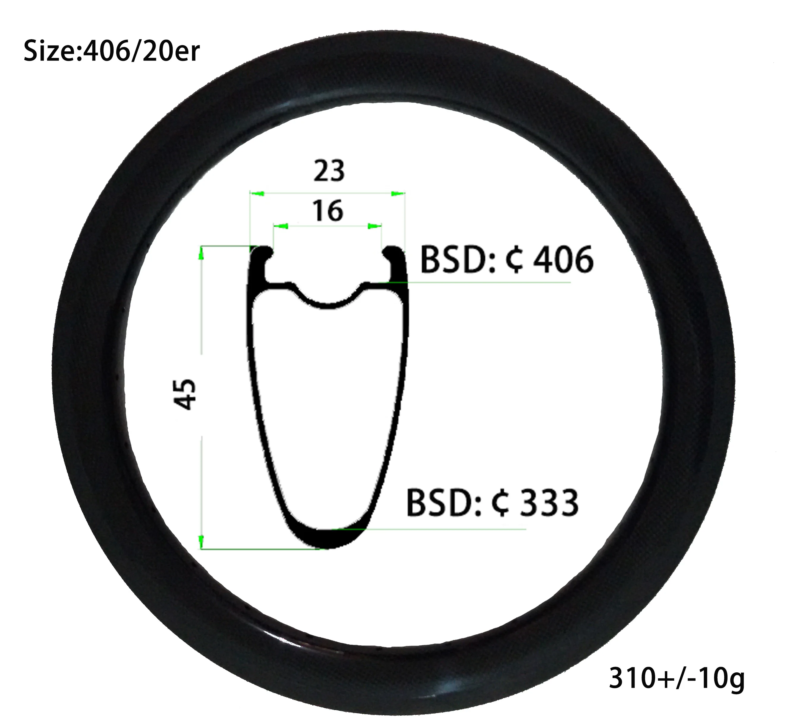 High End DIY BMX Carbon Bike Rim Light 20er/406 BSD Folding Bicycle Available 23mm Wide 45mm Deep Clincher Tubeless Wheels 310g