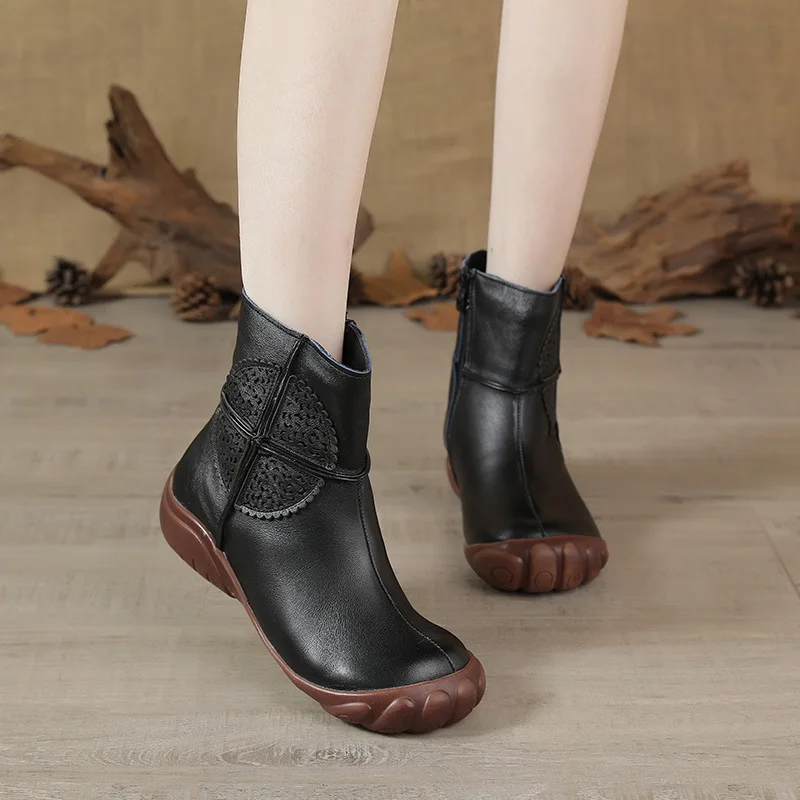 XT 2022 Winter Comfortable And Warm High-Top Cotton Boots Ethnic Mother Boots Top Layer Cowhide Flat Heel Women\'s  Ankle Boots