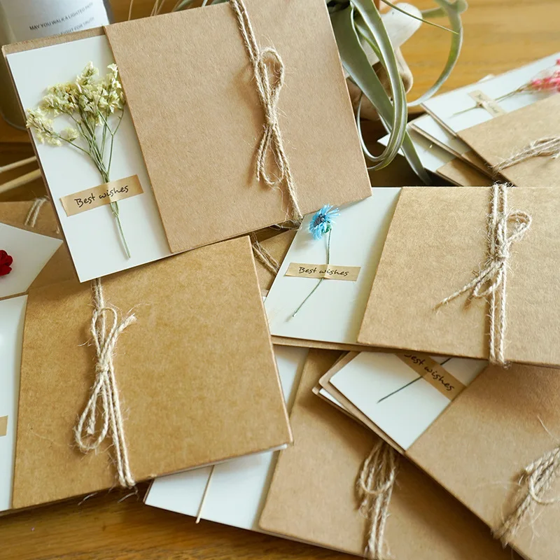 5pcs Vintage DIY kraft paper invitation greeting card with envelope handmade dried flowers wedding party invitation envelope