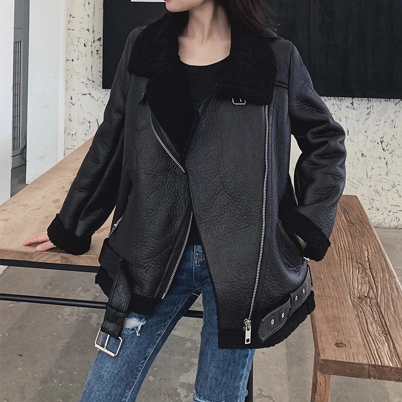 New Women Lamb Fur Faux Leather Jacket Coat Turn Down Collar Winter Thick Warm Oversized Zipper With Belt Outerwear