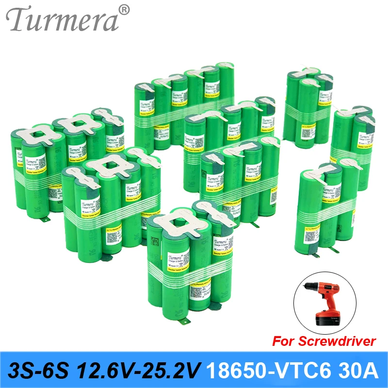 

Turmera 3S 10.8V 4S 14.4V 5S 18V 6S 25V VTC6 18650 3000mAh Battery 30A Soldering for 12V 21V 20V Drill Screwdriver Batteries Use