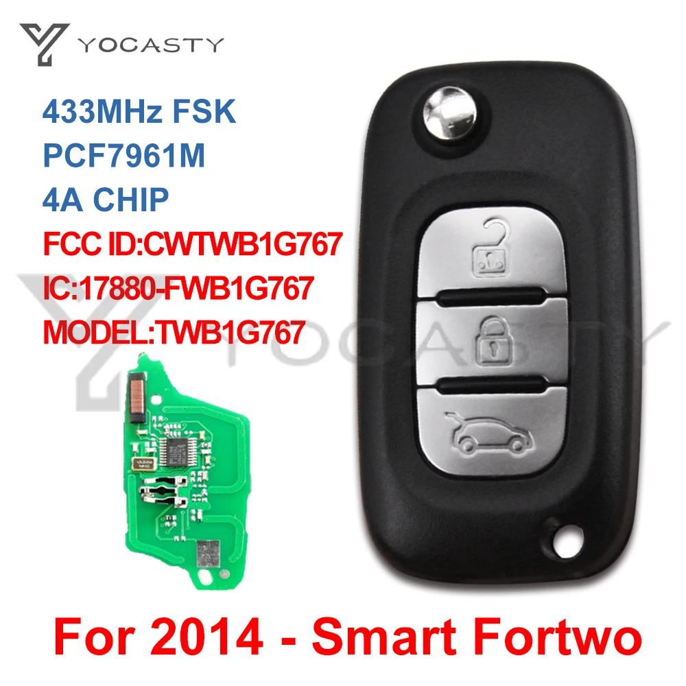 

YOCASTY 3 Buttons Flip Folding Remote Car Key Fob 433MHz 4A Chip For MERCEDES BENZ Smart Fortwo 2014+ CWTWB1G767 TWB1G767