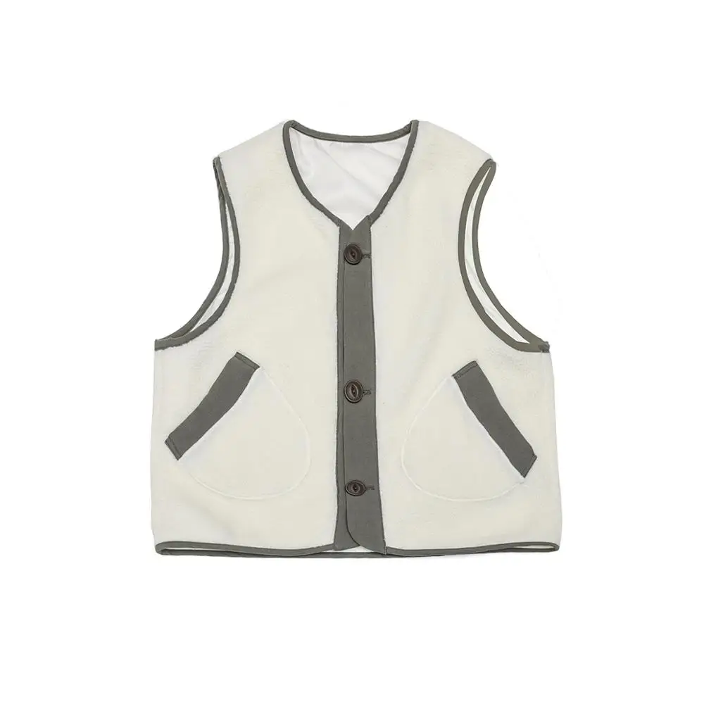 Mens Japanese Casual Fleece Vest White Coffee Color Collarless Waistcoat Big Pockets Cargo Vests Spring Autumn Sleeveless Jacket