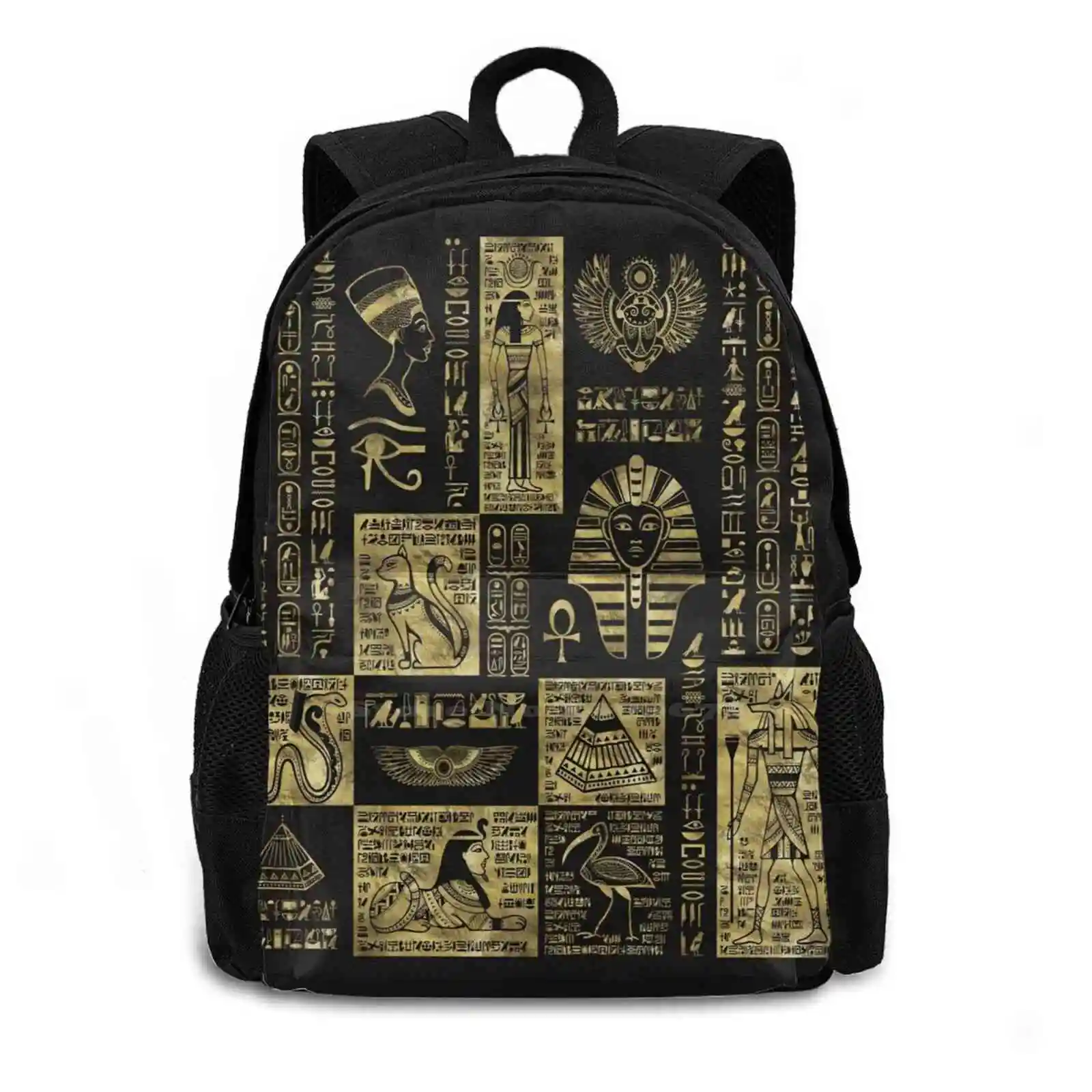 Egyptian Hieroglyphs And Gold On Black Leather Women Men Teens Laptop Travel School Bags Egypt Egyptian Pharaon Ethnic Papirus