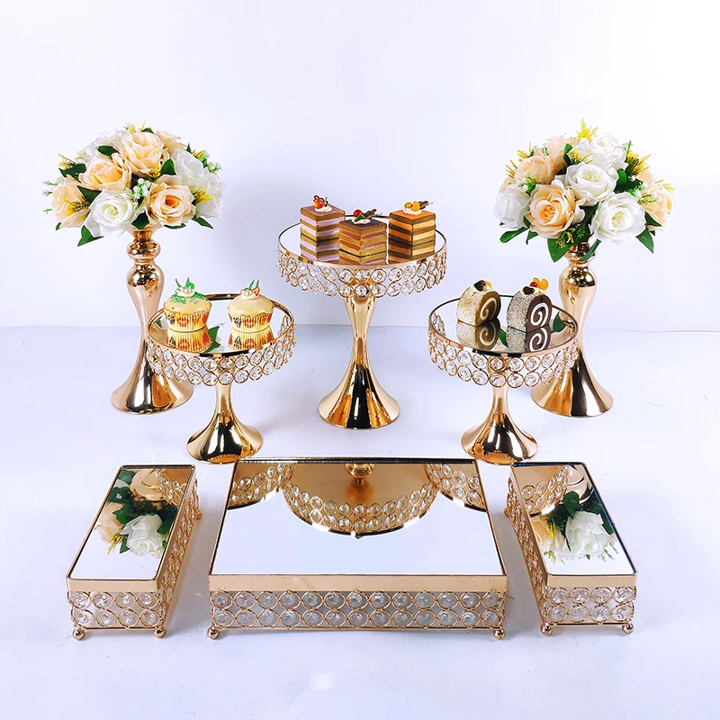 8pcs Crystal Metal Cake Stand Set  Acrylic Mirror Cupcake Decorations Dessert Pedestal Wedding Party Display Tray