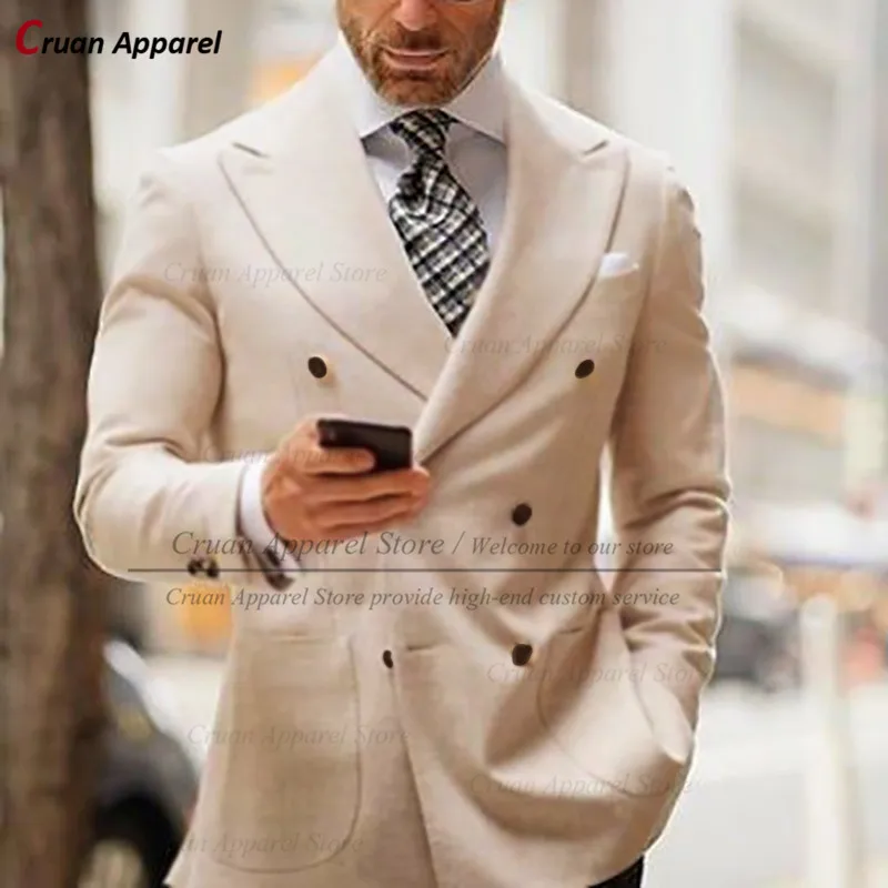 

(One Blazer) Double Breasted Beige Blazers for Men Slim Fit Peak Lapel Groom Wedding Suit Jacket Tailor-made Best Man Tuxedos