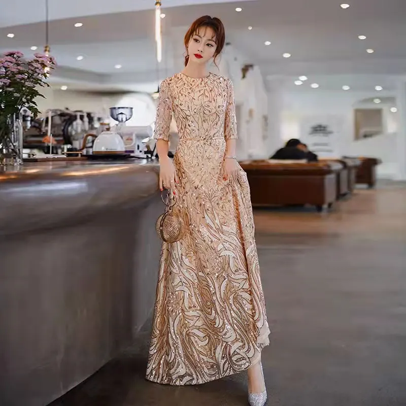 Вечерние платья Novo Luxo Ouro Lantejoulas Vestido de Noite de Banquete Elegante Metade Mangas Compridas Partido Prom Robe De Soirée Femme