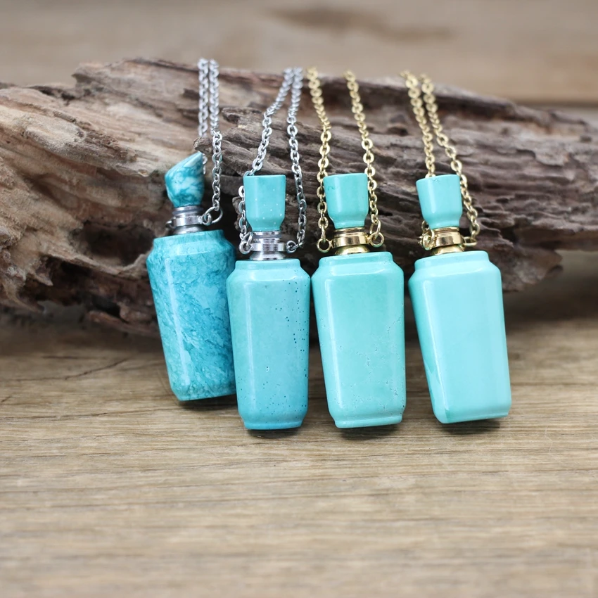 Natural Turquoises Perfume Bottle Pendants Chains Blue Howlite Stone Essential Oil Vial Charms Necklace Fashion Jewelry QC1087