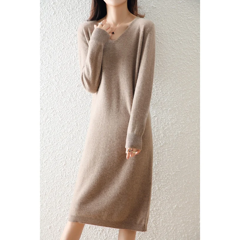 Autumn Winter 100% Wool Sweater Long Pullover Elegant Knit Straight Dress Women V-neck Loose Warm Casual Chic Dress Spring