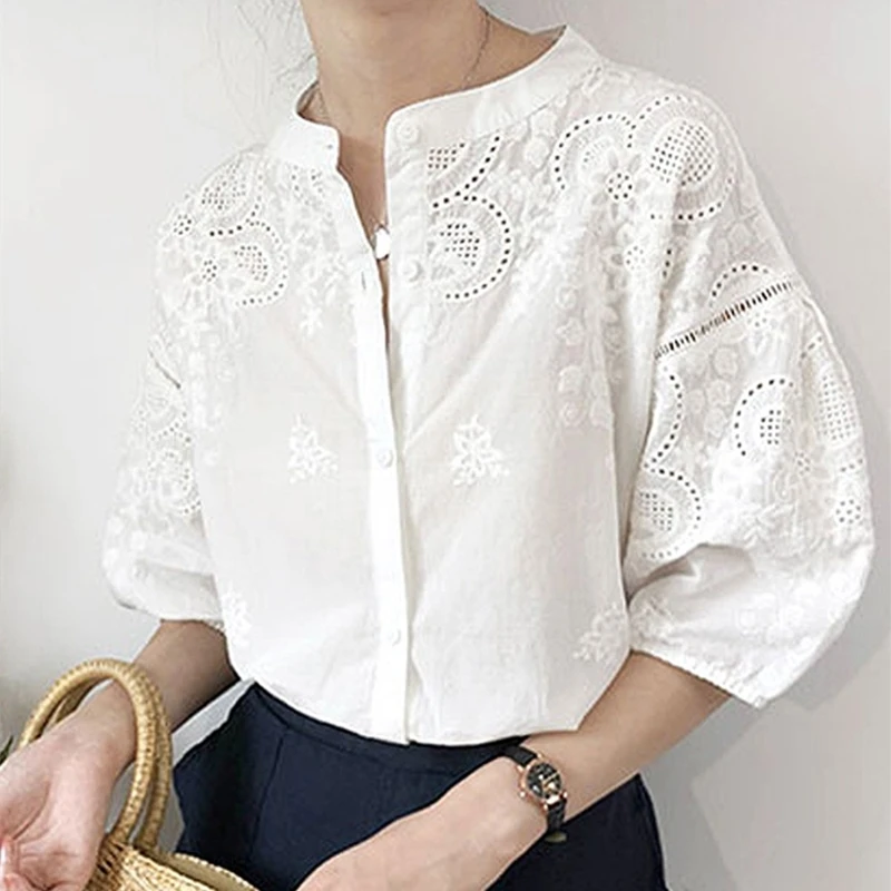 Women Solid Shirts Blouses Casual Summer Korean Tops Vintage Long Sleeves Shirts Blusas Mujer