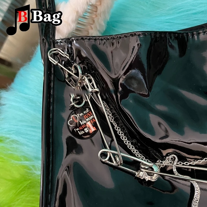 Women Y2K Bright Black Patent Leather Single Shoulder Bags Underarm Bag Hot Girls Handbag Female Punk Chain Large capacity Tote