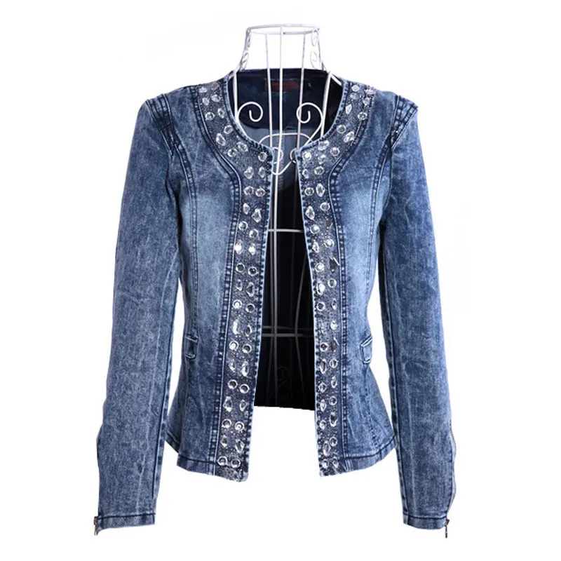 Bahar moda kadın kot ceket ince fermuar rahat kısa payetler dış giyim bayanlar Vintage motorcu kristal Chaqueta Mujer A237