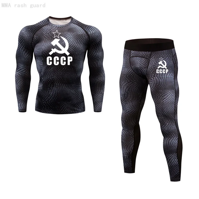 New Men's CCCP Tights 2 Piece Tracksuit Men Compression shirt leggings Winter thermal underwear rash guard MMA fitness clothing