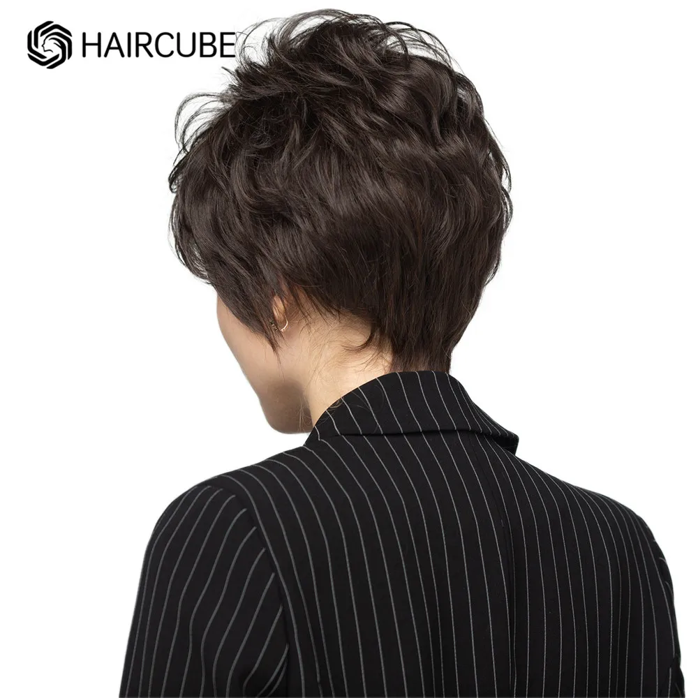 Haircube Korte Donkerbruin Pixie Cut Pruik Menselijk Haar Mix Synthetische Pruiken Met Bang Natuurlijke Gelaagde Hittebestendige Pruiken Voor vrouwen