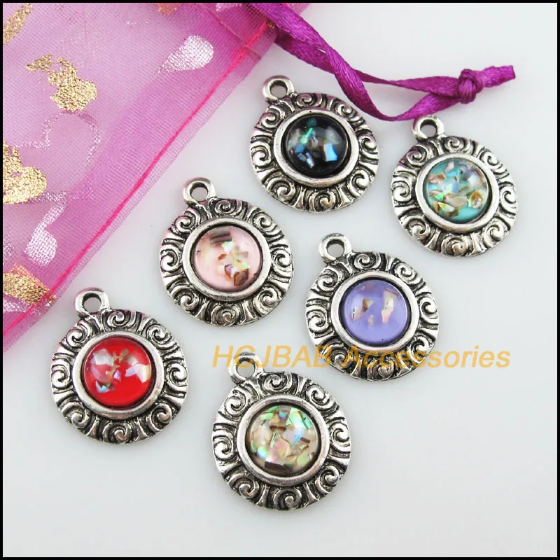 12 New Round Flower Resin Pendants Shivering Mixed Charms Tibetan Silver 19x23mm