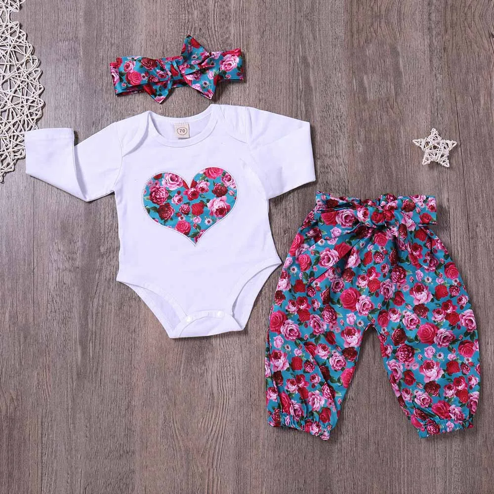 Infant Baby Girls Clothing Sets Love Print Bodysuit +Floral Pants+Headband Sets Infant Baby Outfits 3pcs Sets Girl Clothes 6-24M