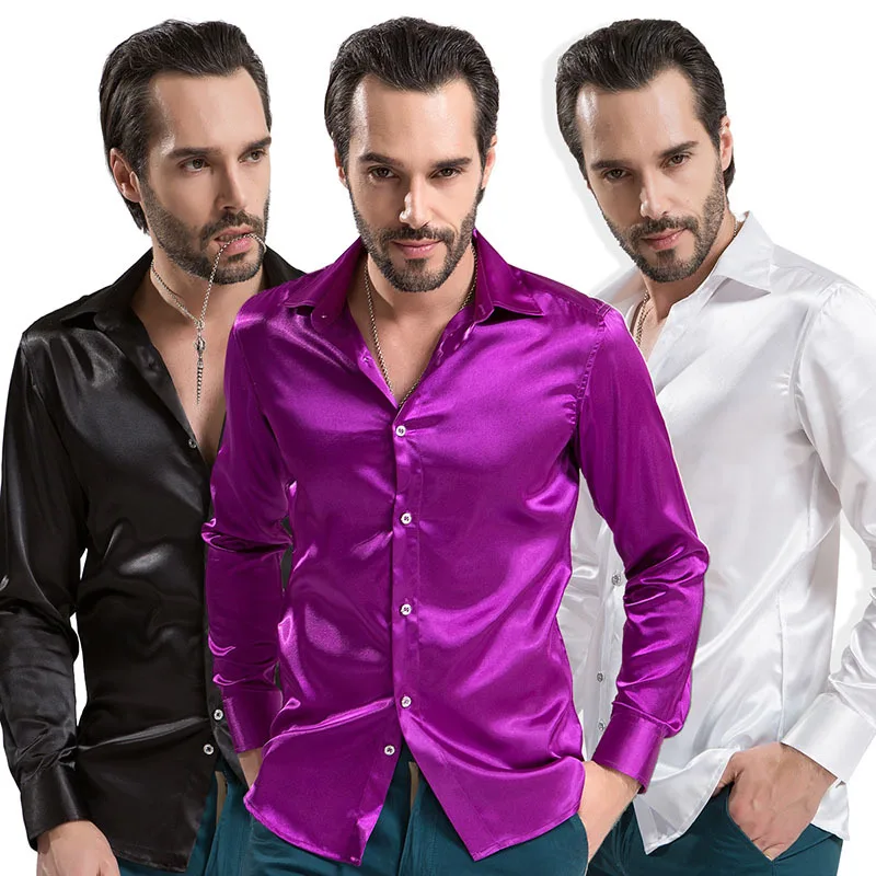 

Luxury Shiny Silk Like Satin Fashion Men Dress Long Sleeve Shirts Wedding Groom Stage Prom Casual Button Male Shirt Nice Pop