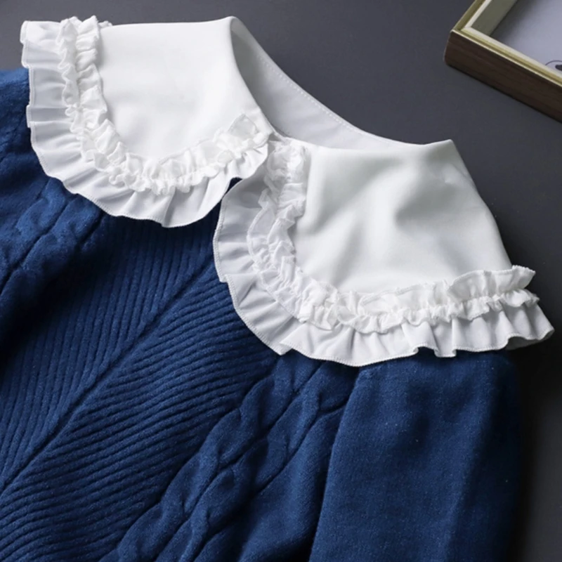 

Women Girls Detachable False Collar Sweet Lolita Lapel Ruffles Half Shirt Blouse Button White Decorative Necklace Dickey