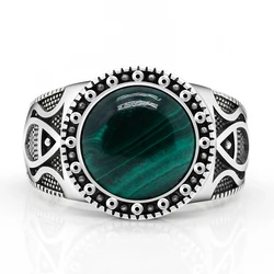 Natural stone pure 925 sterling silver antique Turkish ring, malachite men's agate color punk rock jewelry