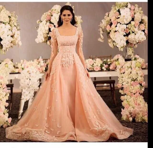 2018เจ้าสาว Elegant สีส้ม Appliqued ลูกปัดยาวแขนยาวความยาวชุดราตรี Vestido De Festa แม่ของเจ้าสาวชุด