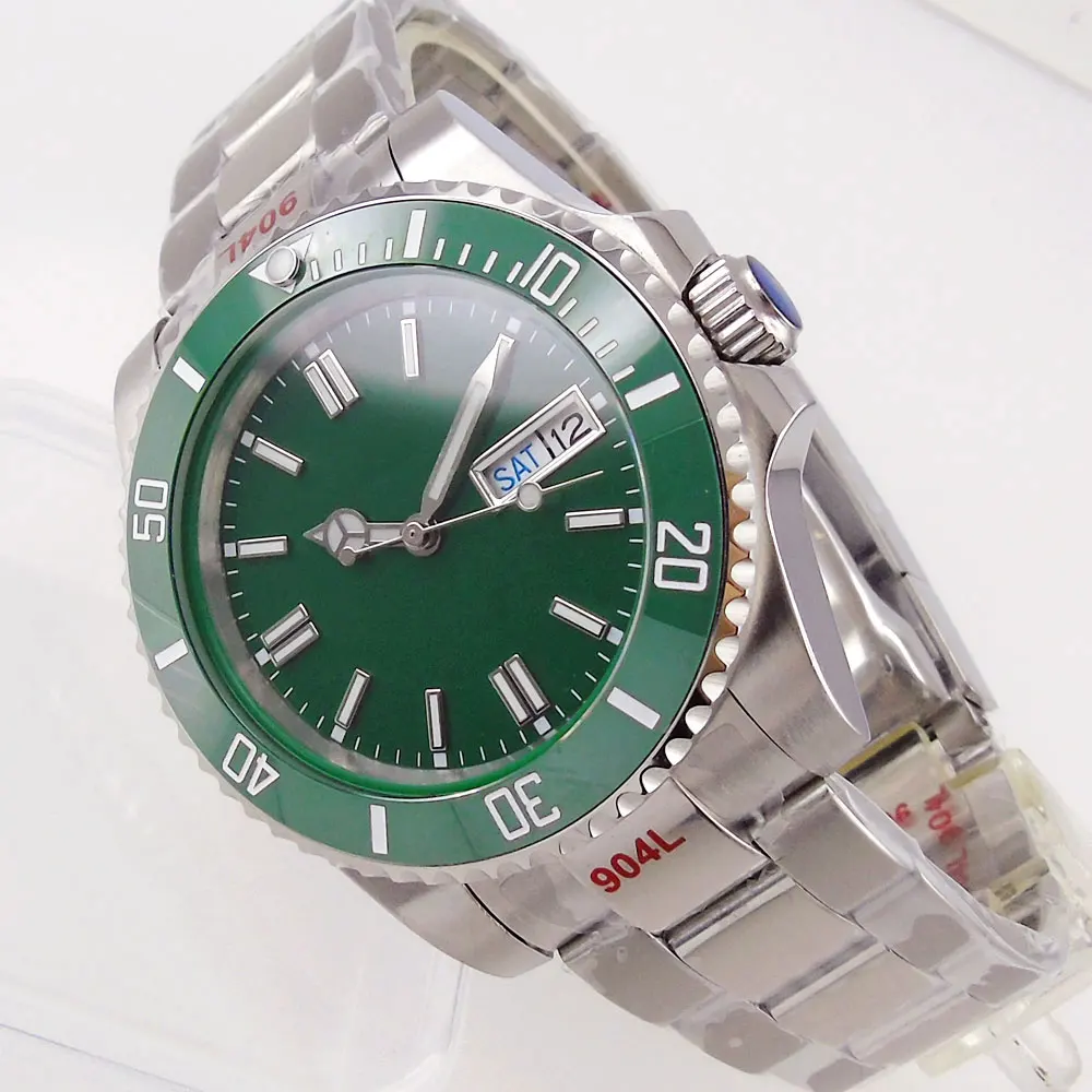 NH36 Movement Sapphire Men's  Automatic Watch Day/Date Display Green 316L 316L Band Glide Lock Ceramic Rotating Bezel