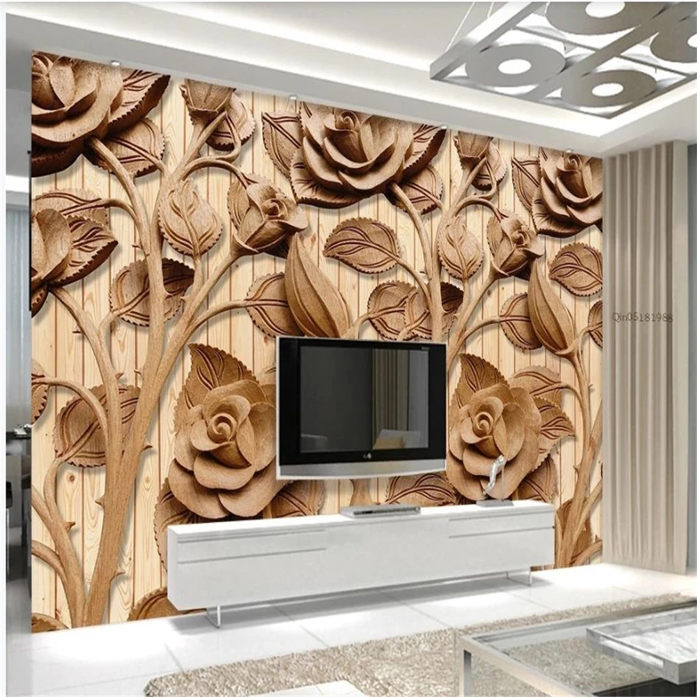 

Custom wallpapers 3d murals wallpaper for living room wood carving rose Chinese mural TV background wall