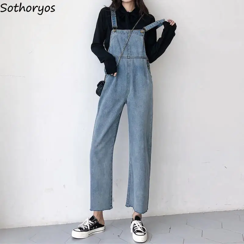 Denim Jumpsuits Women Autumn Vintage Washed Ankle-length Baggy All-match Ulzzang Chic Straight Overalls Teenagers Leisure New