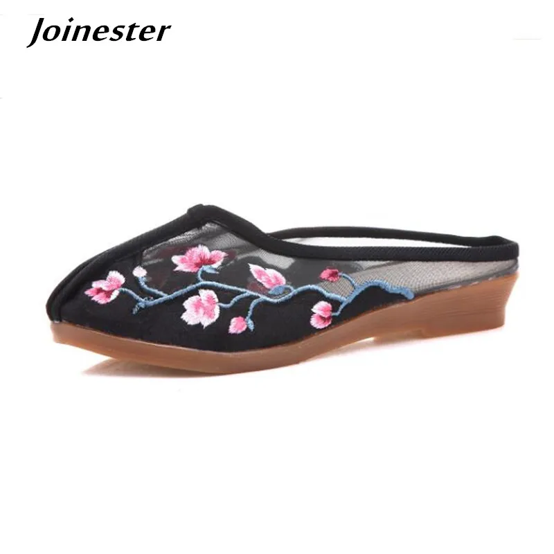 Summer Ladies Air Mesh Floral Embroidered Ethnic Outdoor Slippers Women Beach Slides Vintage Dress Sandals Girls Flat Mules