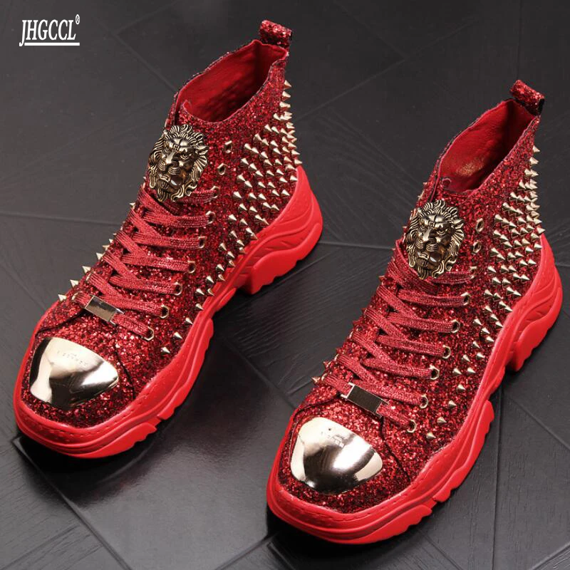 Luxury rivet Boots Men\'s shoes designer sneakers men punk high tops gold red light bottom Casual Platform shoe zapatillas hombre