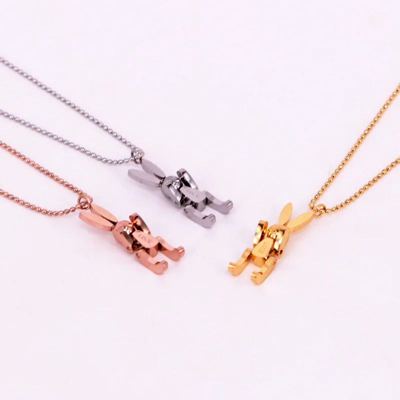 Robot Rabbit Pendant Bunny Necklace Women Stainless Steel Cute Lucky Jewelry Movable Limbs Charm Rose Gold Silver Color Korean