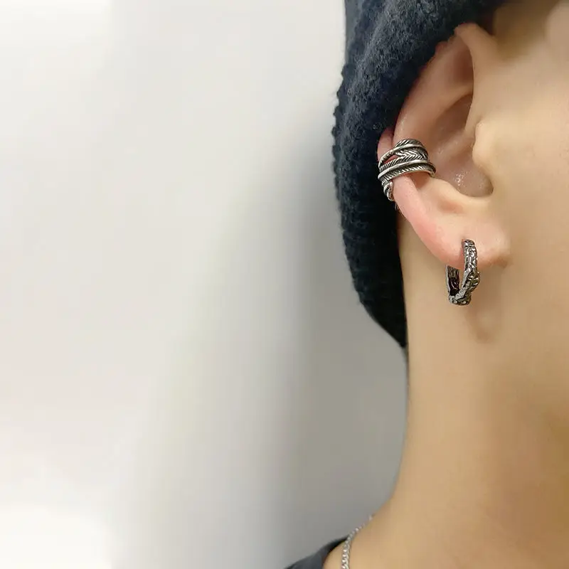 KOFSAC Vintage Black Irregular Texture Hoops Men Jewelry 925 Sterling Silver Earrings For Women Hip-Hop Party Accessories Gifts