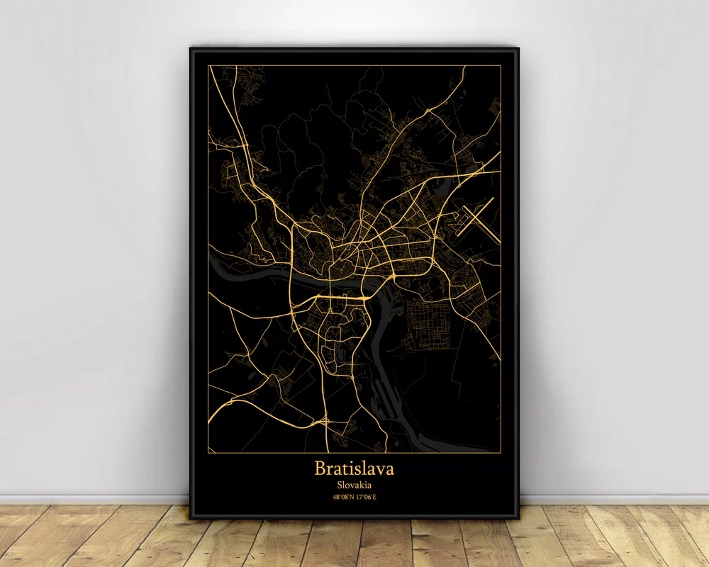 

Bratislava Slovakia Black&Gold City Light Custom World City Map Poster Canvas wall pictures for living room Wall Art Home Decor