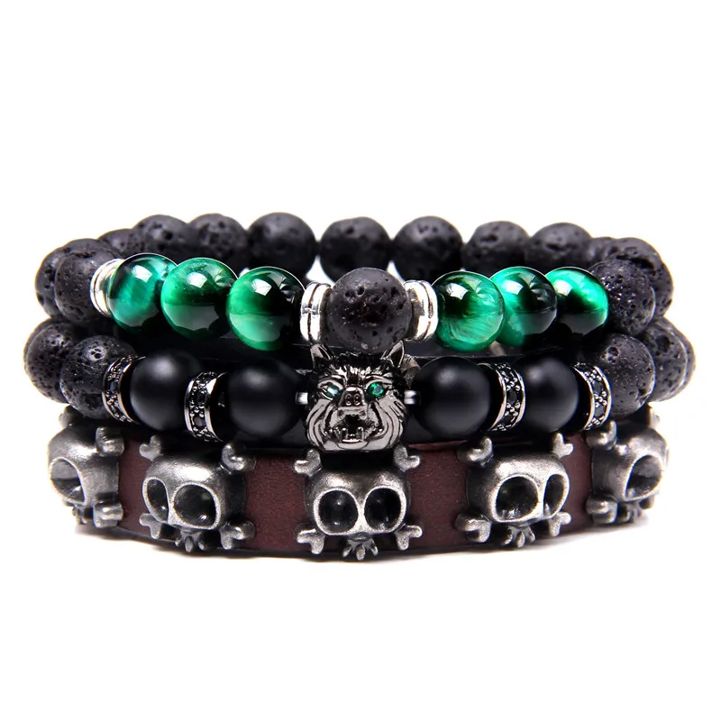 Conjunto de pulseiras de pedra vulcânica para homens, pulseira elástica, proteção de energia, combinação fashion, hip-hop, rede vermelha, vento, joias